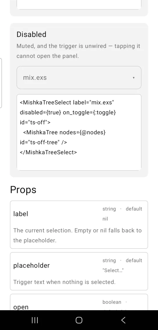Disabled card: a tree select trigger showing mix.exs in muted text with a small caret, the panel closed, in the MishkaMob showcase app on Android