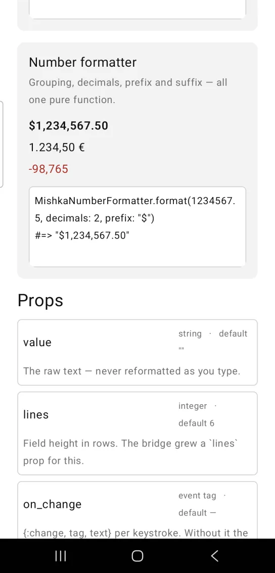 Number formatter card with three formatted numbers: $1,234,567.50 in bold, 1.234,50 € and -98,765 in red, in the MishkaMob showcase app on Android
