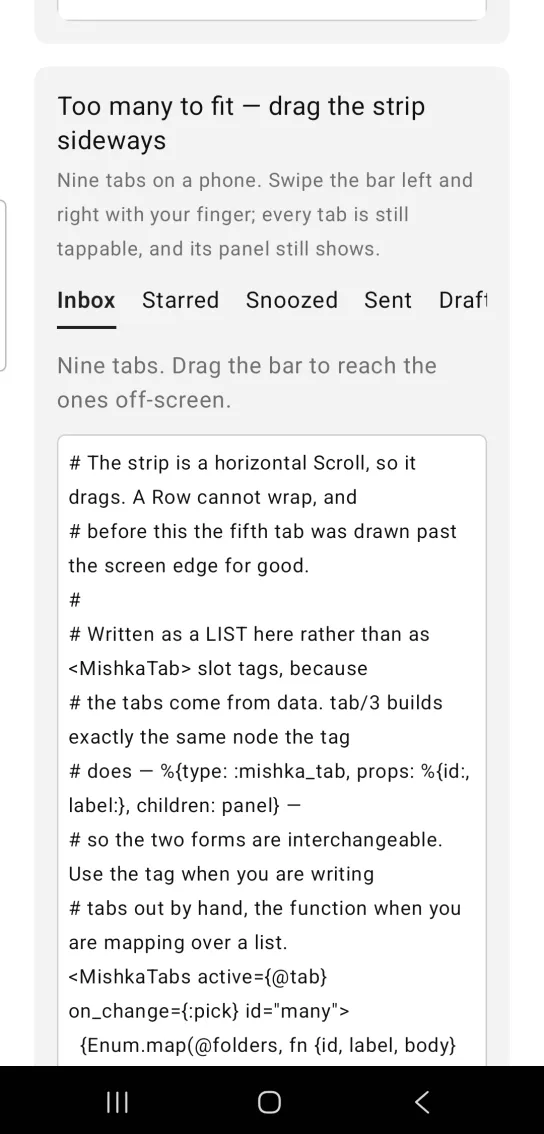 Too many to fit card: a tab strip with Inbox, Starred, Snoozed, Sent and a cut off Draft running past the right edge, above a gray note about nine tabs