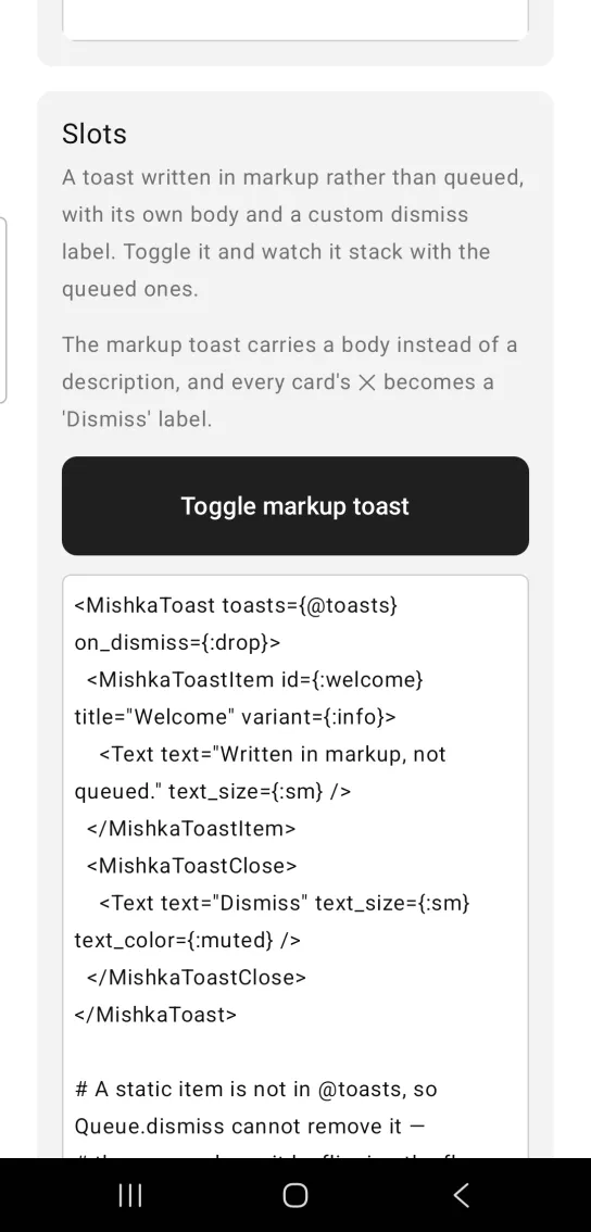 Slots card: a gray note about the markup toast and a full width black Toggle markup toast button, in the MishkaMob showcase app on Android