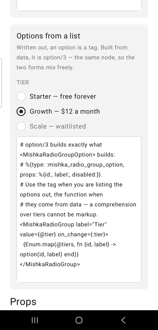 Options from a list card with a radio group headed TIER: Starter, Growth selected, and a muted Scale, each with a short description, in the MishkaMob showcase app on Android