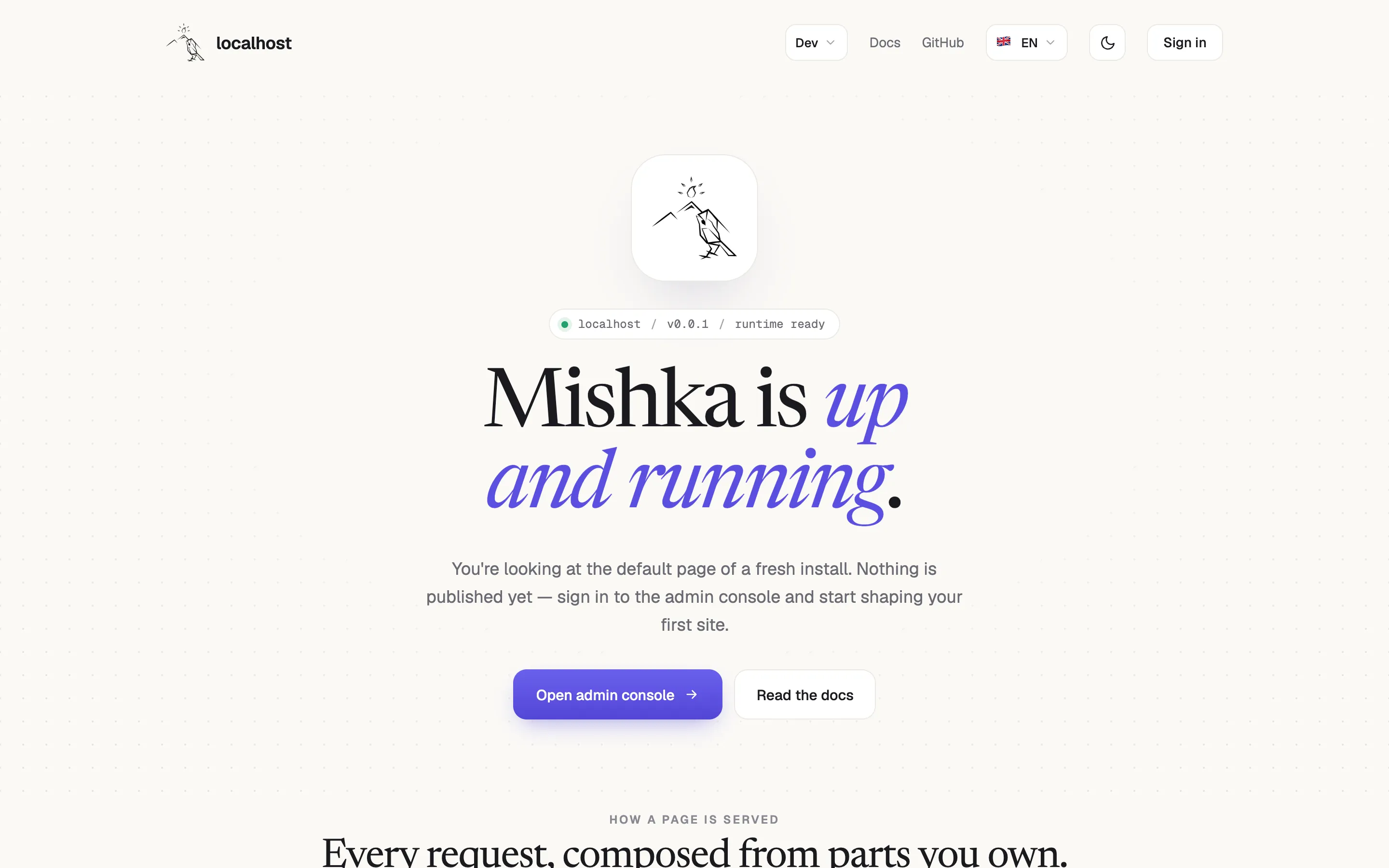 the home page with the header and its language dropdown, the headline Mishka is up and running, the paragraph under it and the two buttons Open admin console and Read the docs