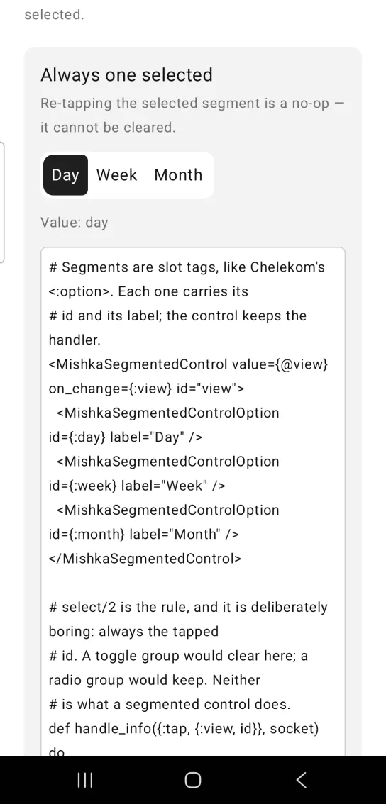 Always one selected card with a segmented control of Day, Week and Month, Day selected in dark fill, and the line Value: day