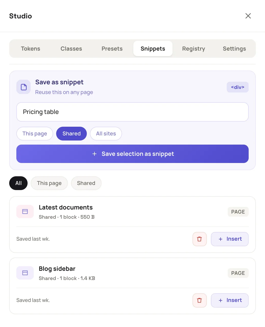 the Studio open on the Snippets tab with the Save as snippet box, the name Pricing table typed and the scope choices below it