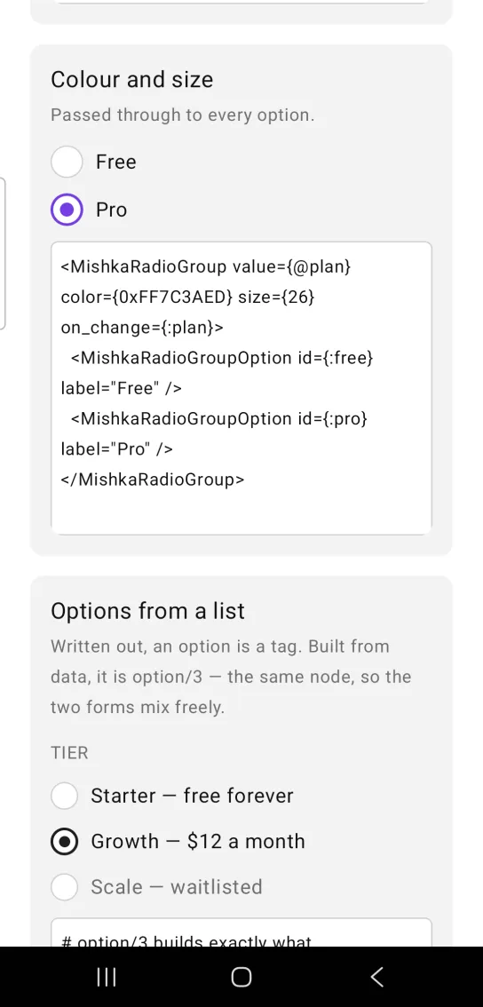 Colour and size card with a radio group of Free and Pro in larger circles, Pro selected with a violet ring and dot, in the MishkaMob showcase app on Android