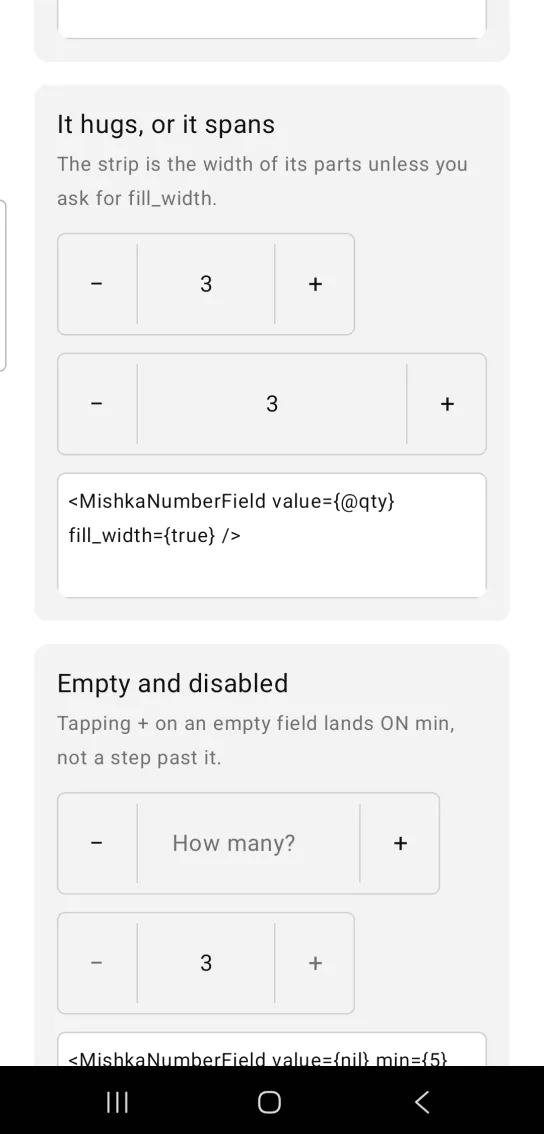 It hugs, or it spans card with two number fields showing 3, one hugging its parts and one stretched wide, in the MishkaMob showcase app on Android
