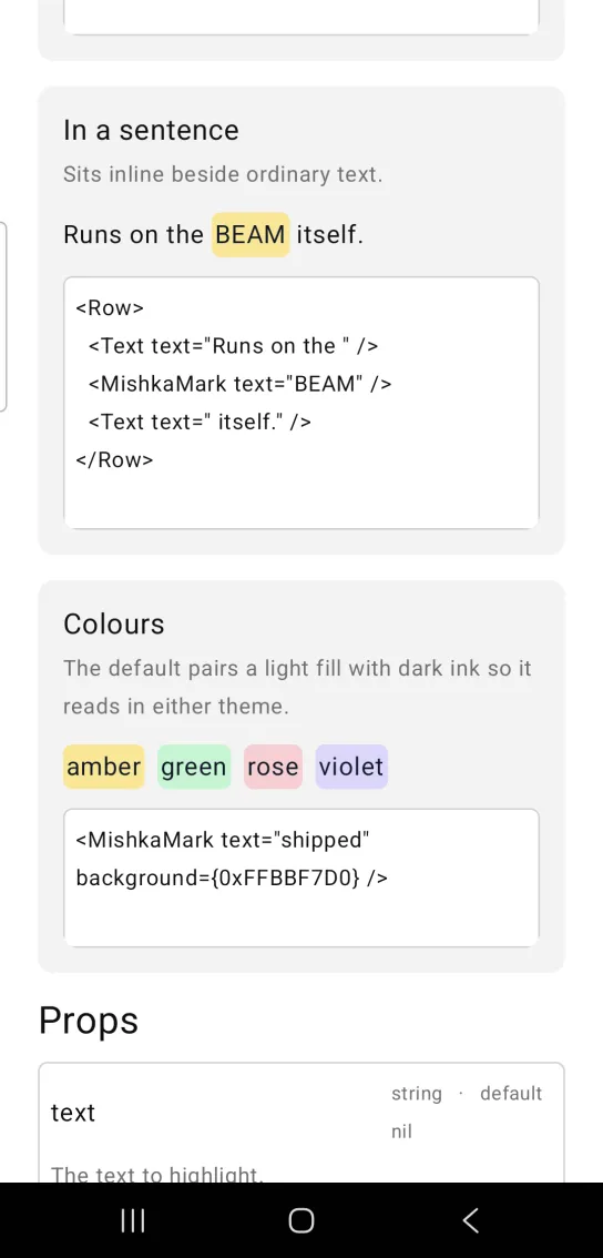 Mark example card titled In a sentence, with the line Runs on the BEAM itself where BEAM is marked in amber, in the MishkaMob showcase app on Android