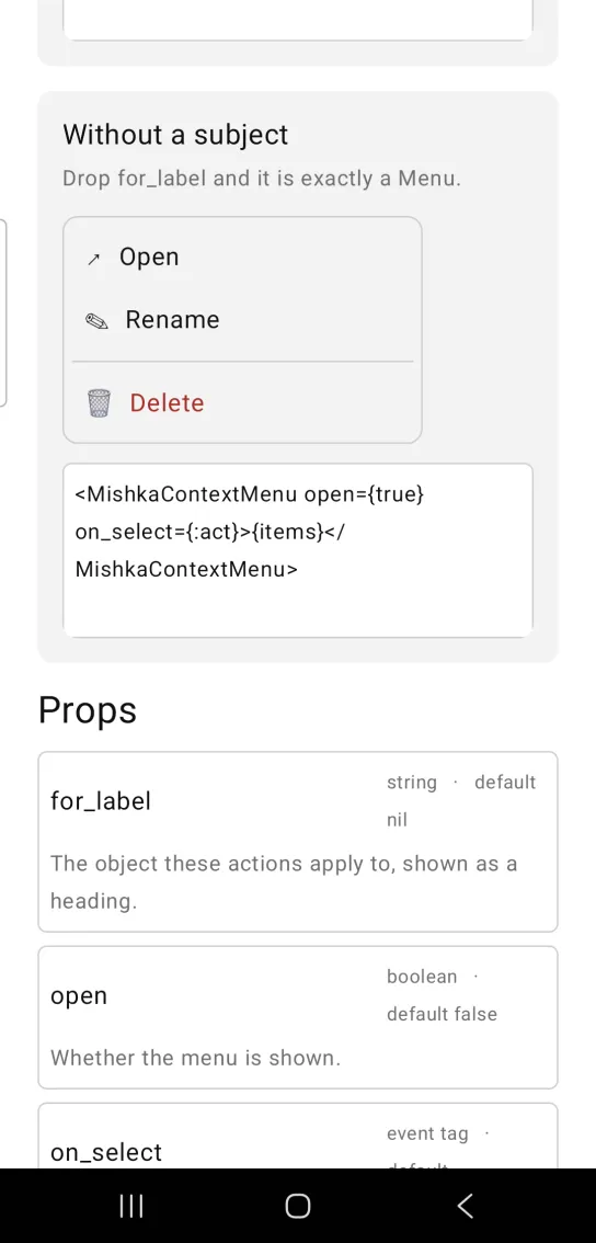 Context menu example card titled Without a subject, with an open menu listing Open, Rename and a red Delete below a divider, each row with a small icon