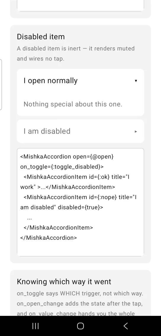 Two accordion items: the first expanded with a line of text, the second greyed out and collapsed.