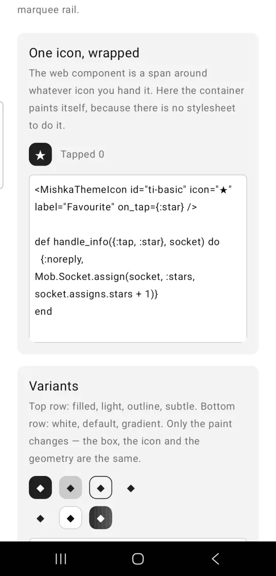 One icon, wrapped card: a theme icon with a white star glyph in a near black rounded square, next to the gray text Tapped 0