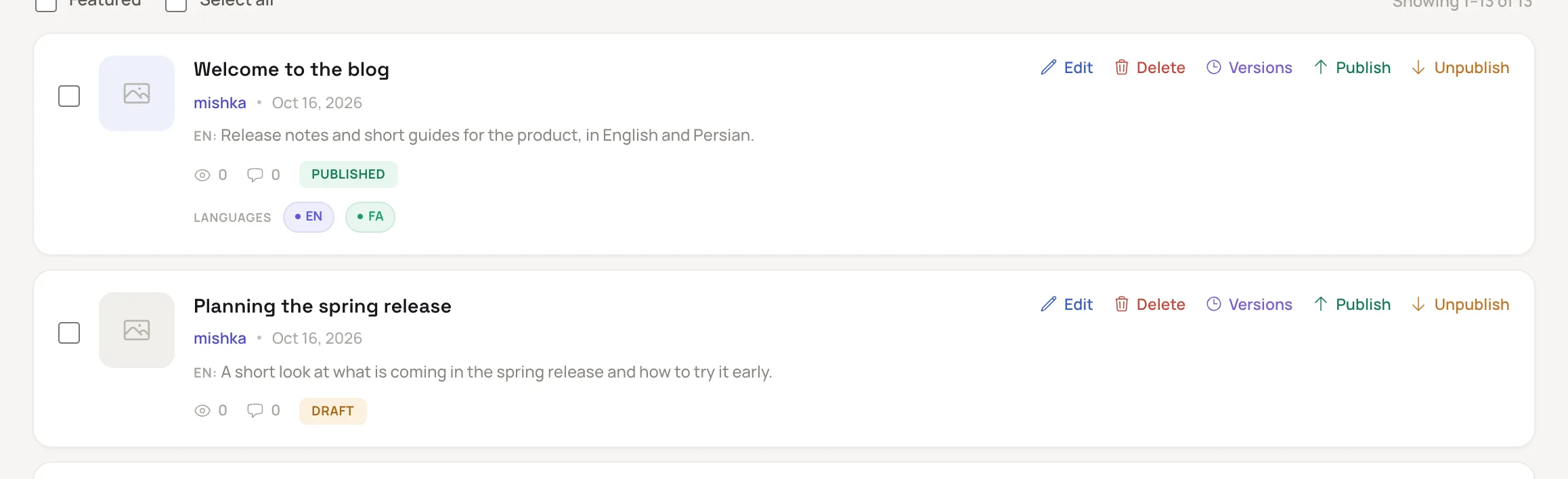 two post cards, one with the Draft chip and one with the Published chip, and the Edit, Versions, Publish, Unpublish and Delete buttons on each