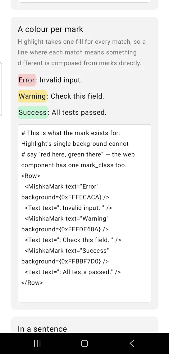 Mark example card titled A colour per mark, with three lines that start with a colored mark: Error in light red, Warning in amber and Success in green