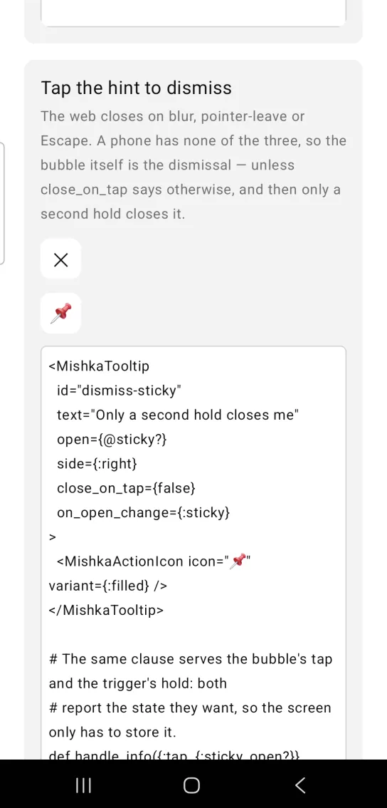 Tap the hint to dismiss card: two white icon buttons, a close X and a pushpin, with no hint bubble showing, in the MishkaMob showcase app on Android