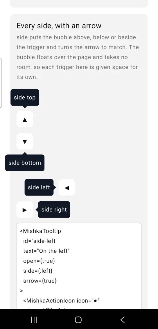 Every side, with an arrow card: dark hint bubbles reading side top, side bottom, side left and side right, each beside its own small icon button with its arrow pointing at it