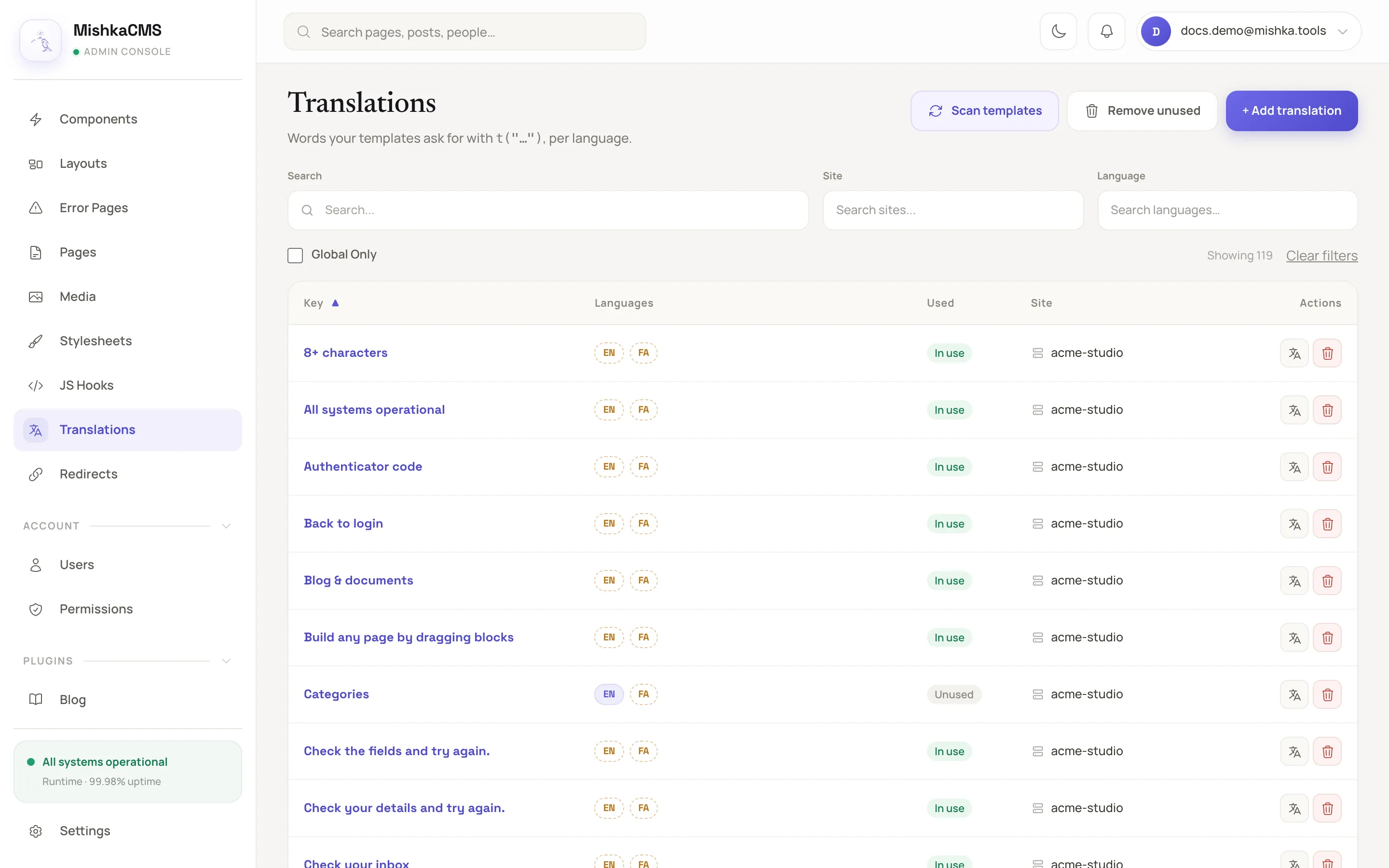 the Translations list with the Scan templates, Remove unused and + Add translation buttons above it, and rows with Key, Languages chips (one dashed), Used and Site columns