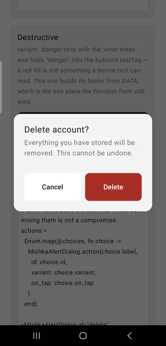 An alert dialog titled Delete account? with a Cancel button and a red Delete button.