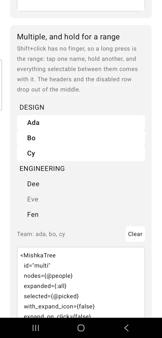 A grouped list with DESIGN and ENGINEERING headings where Ada, Bo and Cy are selected, with a Team line and a Clear button.