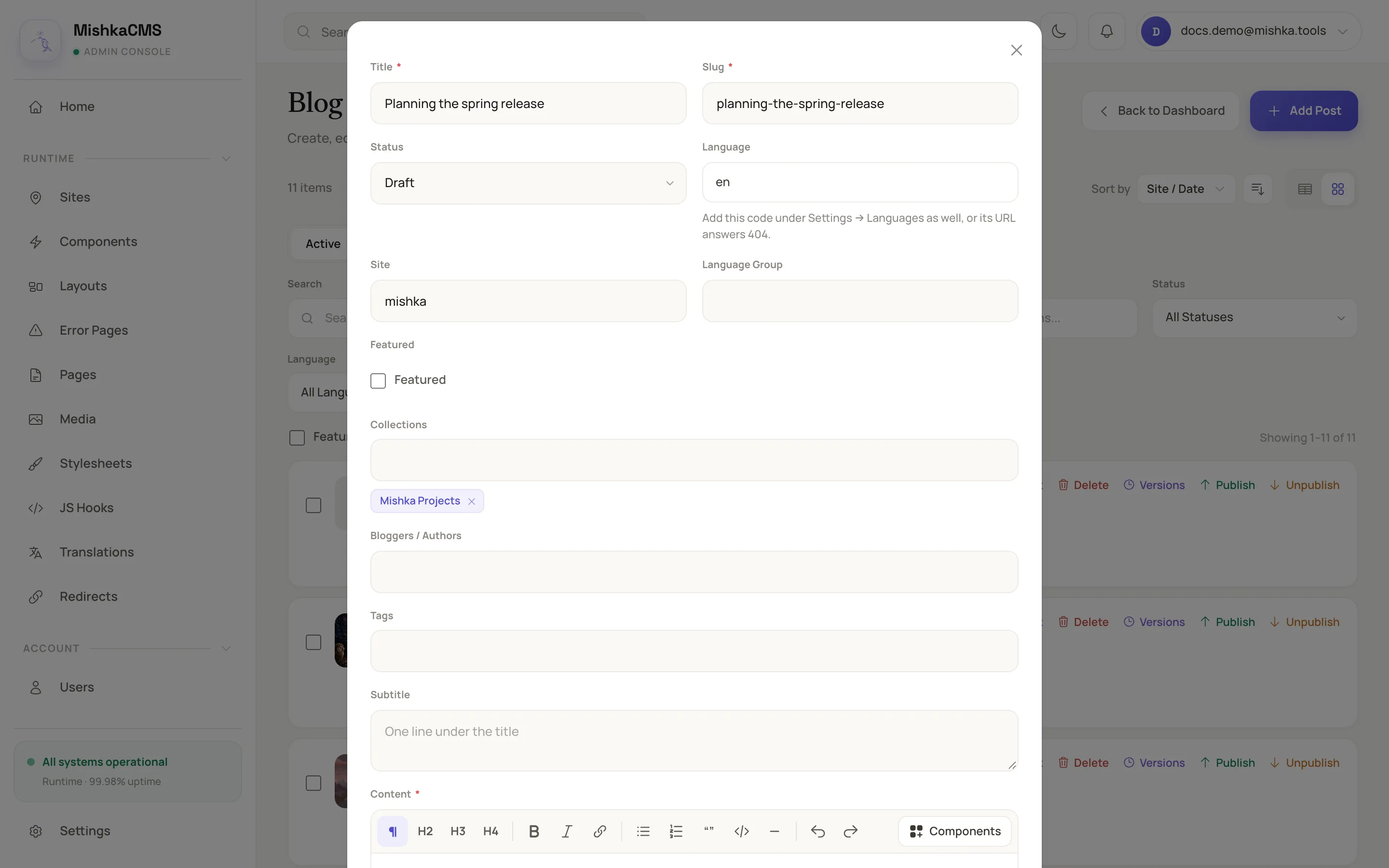the Add Post form open over the Blog Posts Management page, with Title, Slug, Status, Language and the Content editor toolbar visible