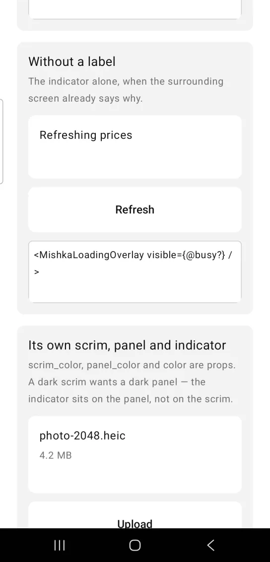 Loading overlay example card titled Without a label, with a white Refreshing prices card and a white Refresh button, with no overlay showing, in the MishkaMob showcase app on Android
