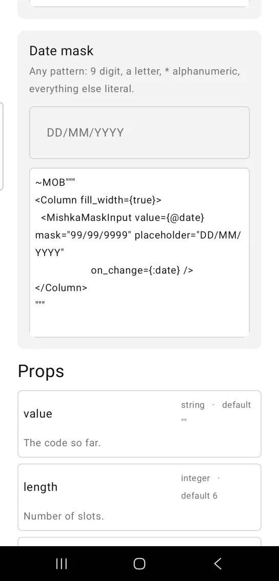Mask input example card titled Date mask, with an empty text box showing the placeholder DD/MM/YYYY, in the MishkaMob showcase app on Android