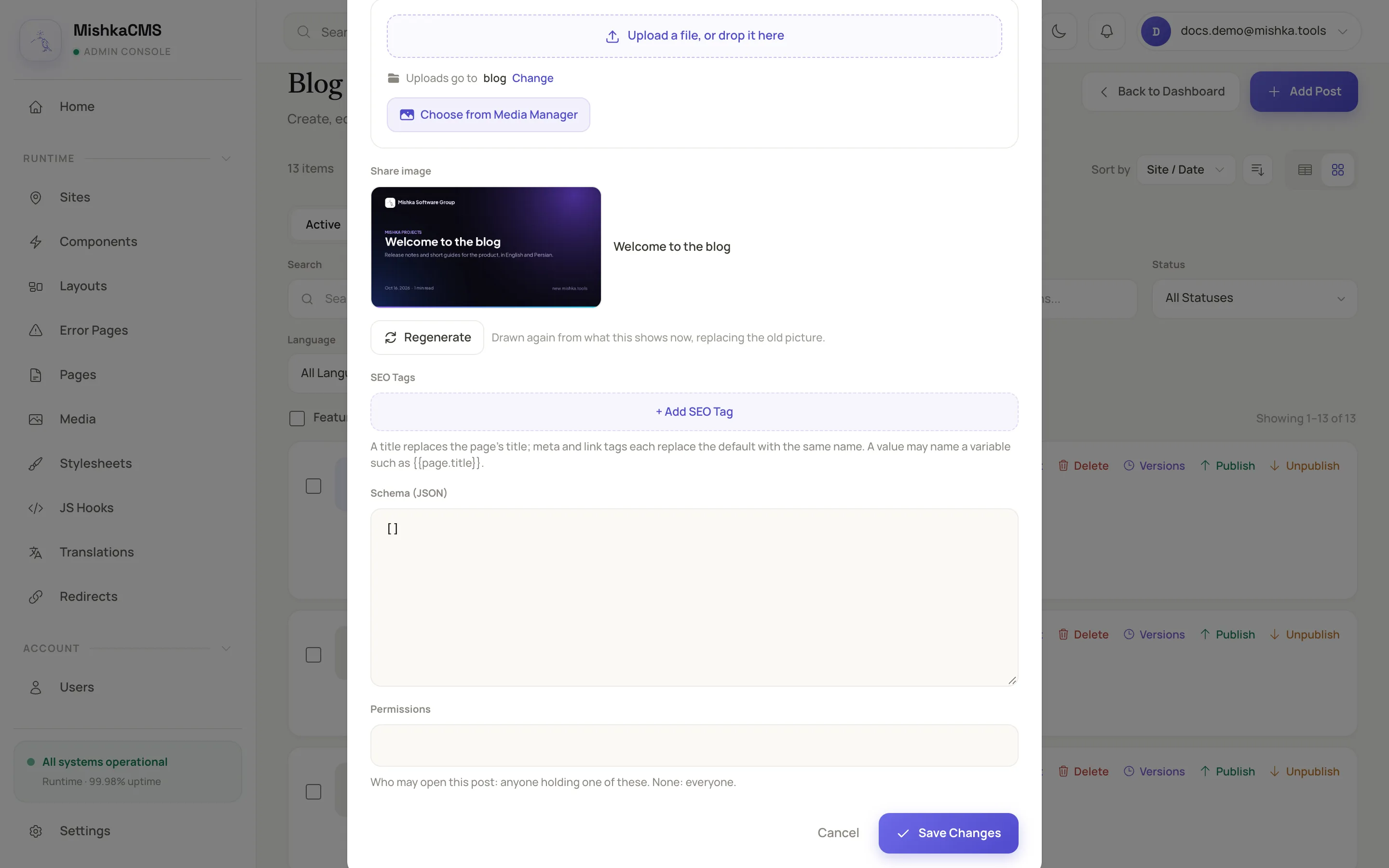 the edit form of a published post scrolled to the Share image field, with the drawn card and the Regenerate button, and the SEO Tags field below it
