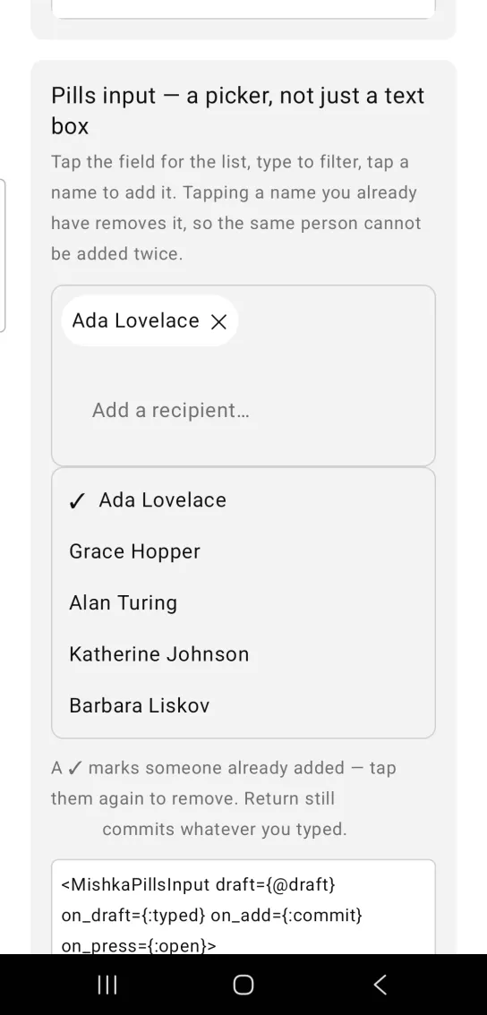 A recipient pills input with an Ada Lovelace pill and an open list of five names with Ada ticked.