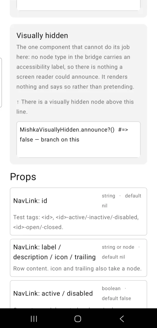 Visually hidden card: a gray note saying there is a visually hidden node above this line, with nothing drawn above it, then one line of code showing announce? returns false