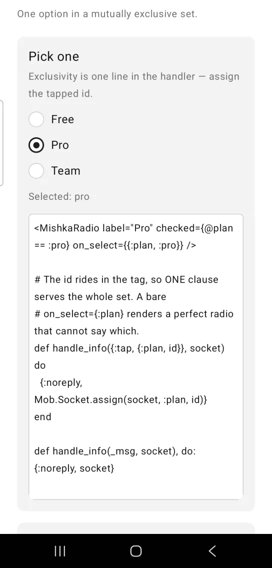 Pick one card with three radio options, Free, Pro and Team, Pro selected, and the line Selected: pro below, in the MishkaMob showcase app on Android
