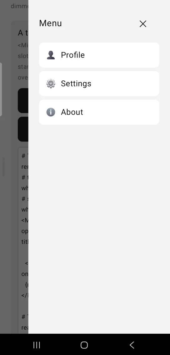 A drawer titled Menu open on the right edge of the screen over a dimmed page, listing Profile, Settings and About.