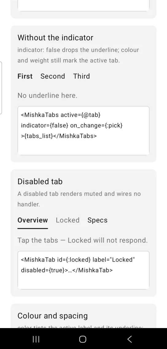 Without the indicator card: the tabs First, Second and Third in a row with no underline, above the gray panel text No underline here