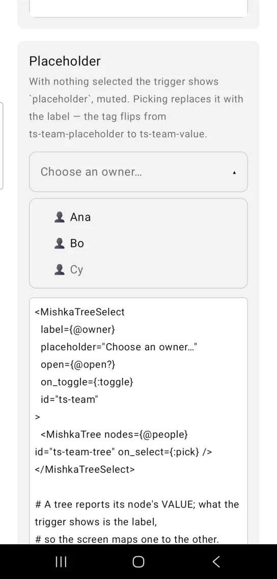 A Choose an owner trigger with an open list showing Ana, Bo and a greyed out Cy.