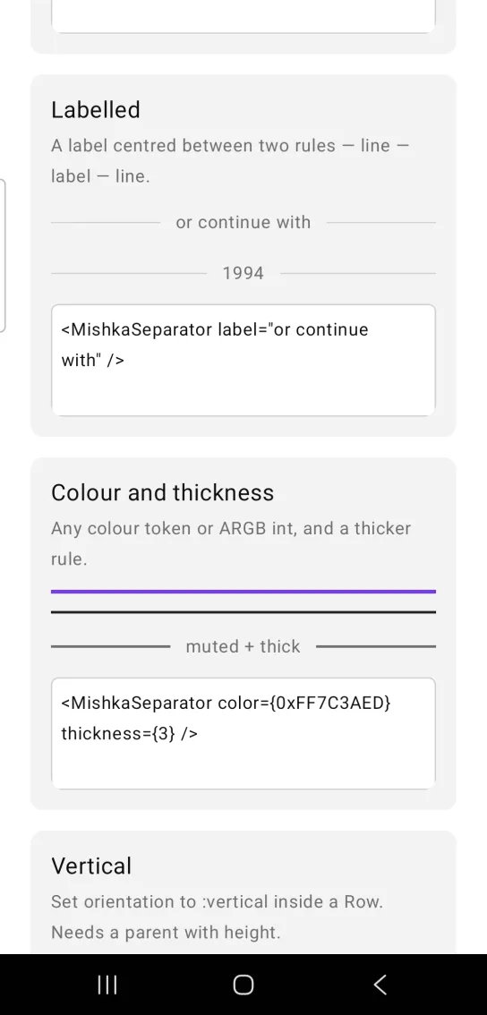 Labelled card with two horizontal rules, one with the centered label or continue with and one labeled 1994, in the MishkaMob showcase app on Android