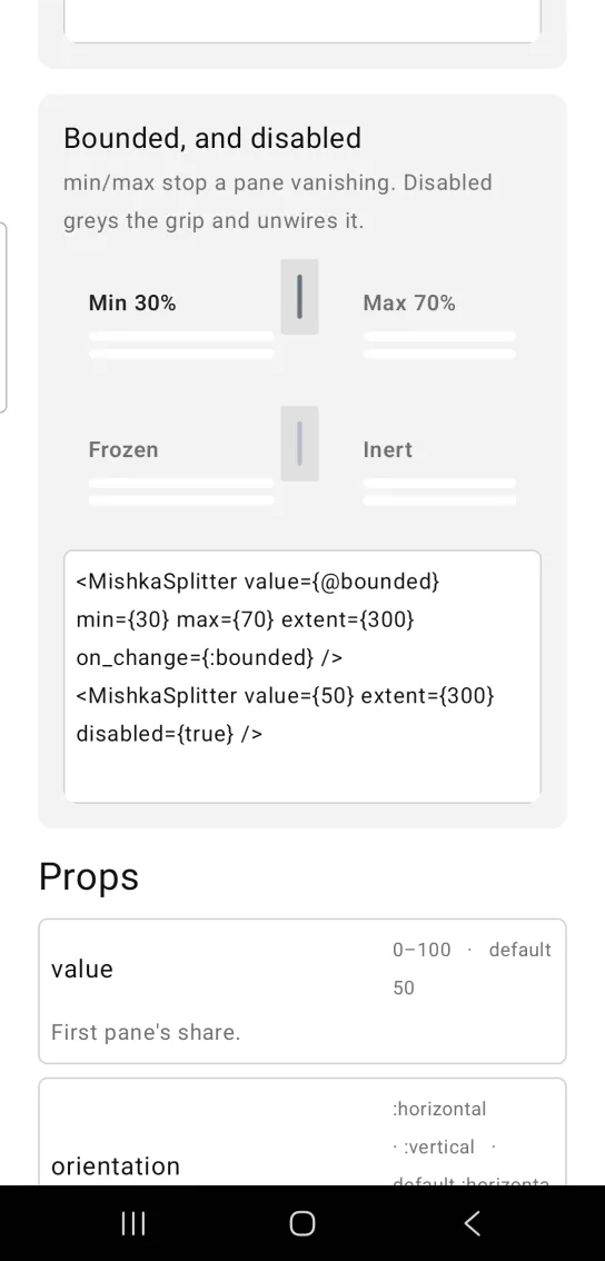 Bounded, and disabled card: two splitters, the first with panes Min 30% and Max 70% and a dark grip, the second with panes Frozen and Inert and a faded grip