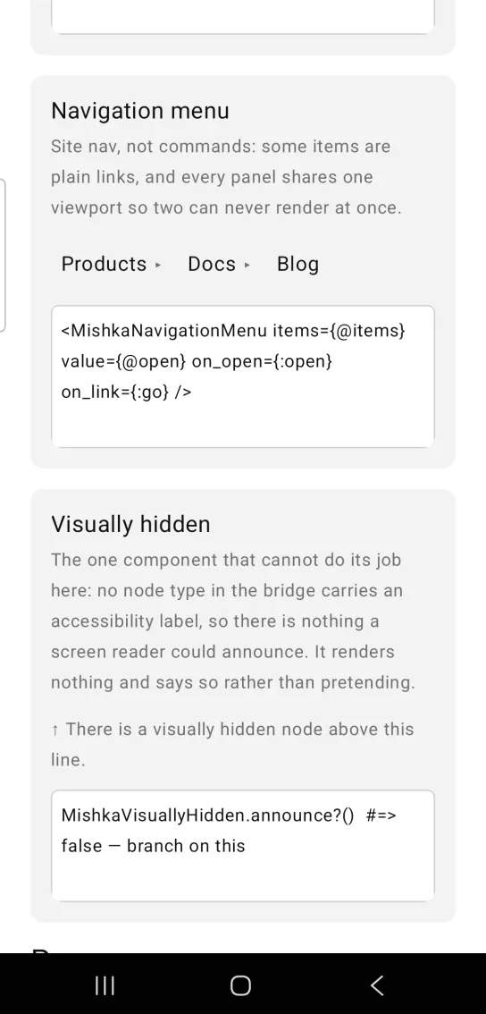 Navigation menu card with the items Products and Docs, each with a small closed arrow, and Blog, in the MishkaMob showcase app on Android