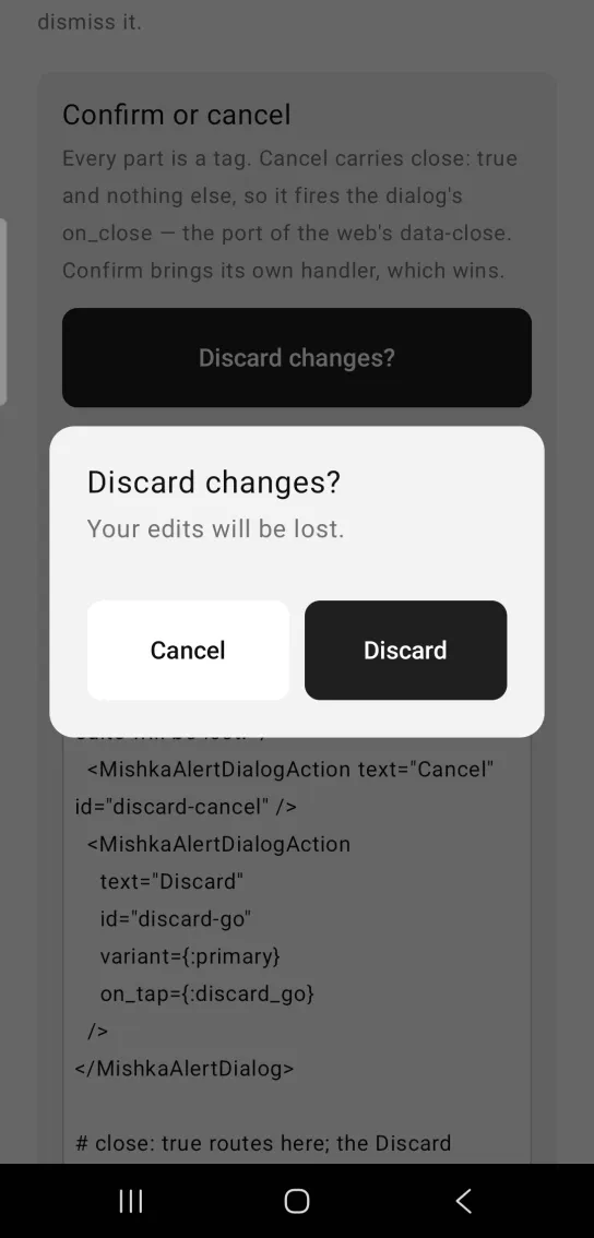 An alert dialog titled Discard changes? with the line Your edits will be lost and Cancel and Discard buttons.