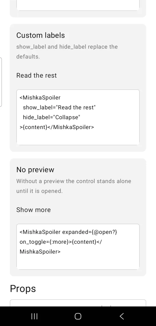 Custom labels card: a collapsed spoiler with no preview, showing only the custom control label Read the rest, in the MishkaMob showcase app on Android