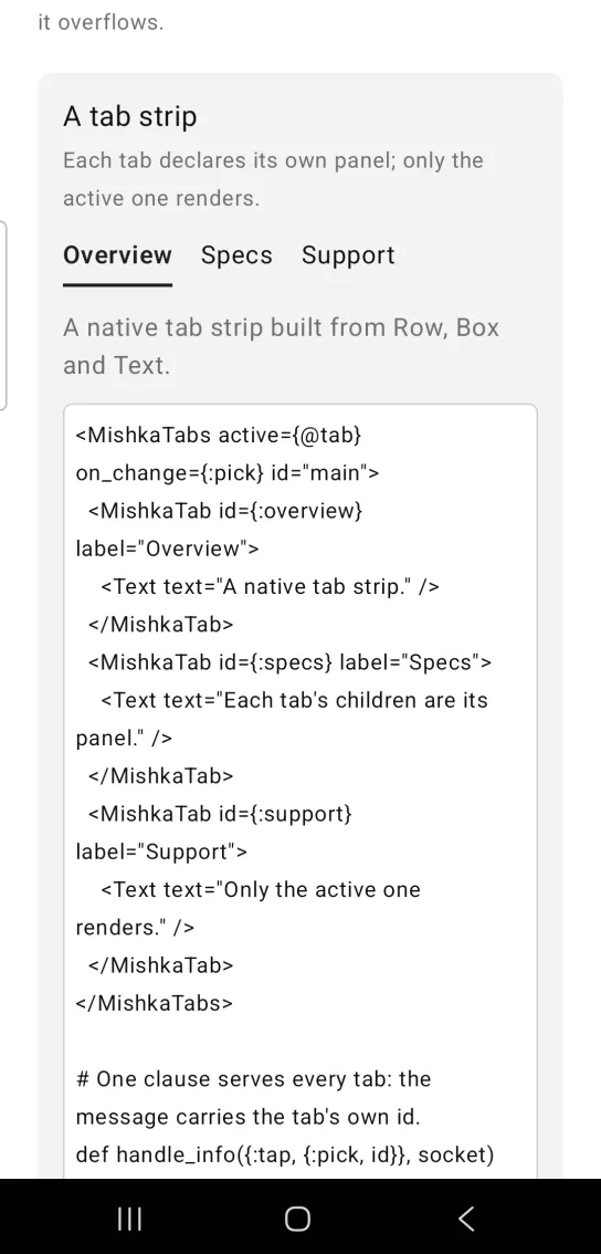 A tab strip card: the tabs Overview, Specs and Support in a row, with Overview bold and underlined, above the gray panel text about a native tab strip