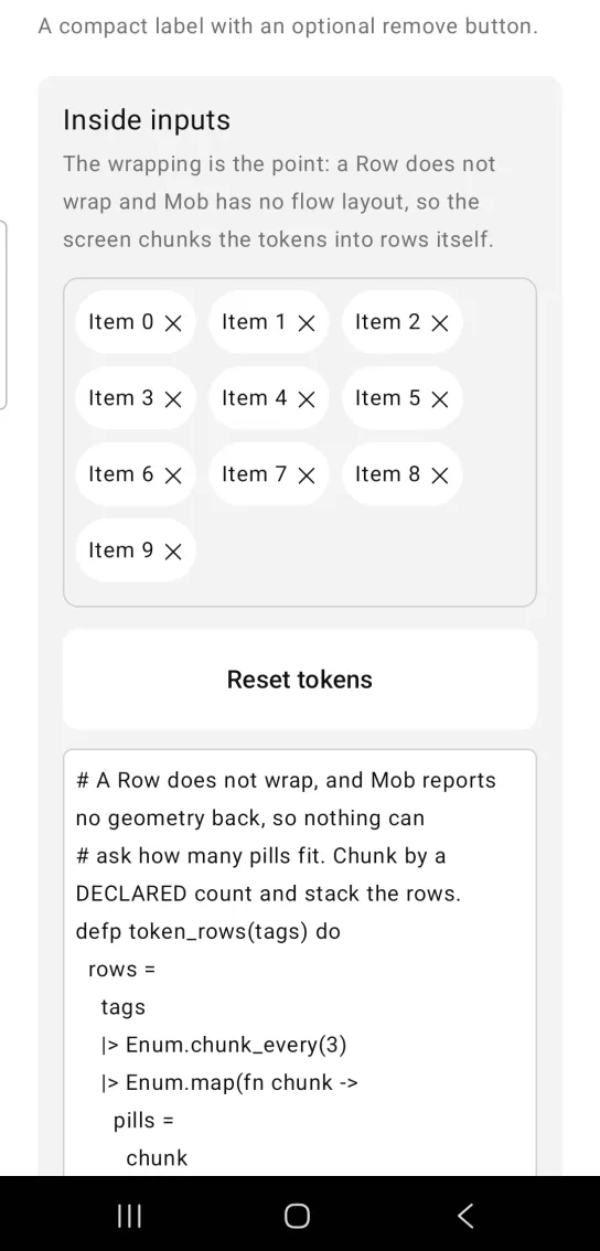 Inside inputs card with a bordered box of ten removable pills, Item 0 to Item 9, in rows of three, above a Reset tokens button