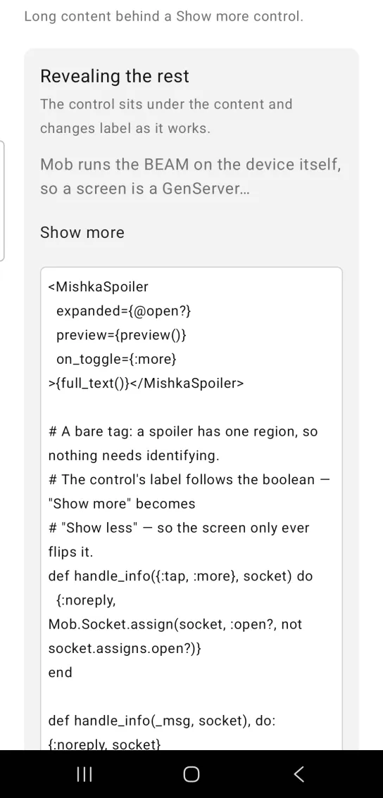 Revealing the rest card: a collapsed spoiler with a two line preview about Mob running the BEAM on the device, ending in an ellipsis, and a Show more control below