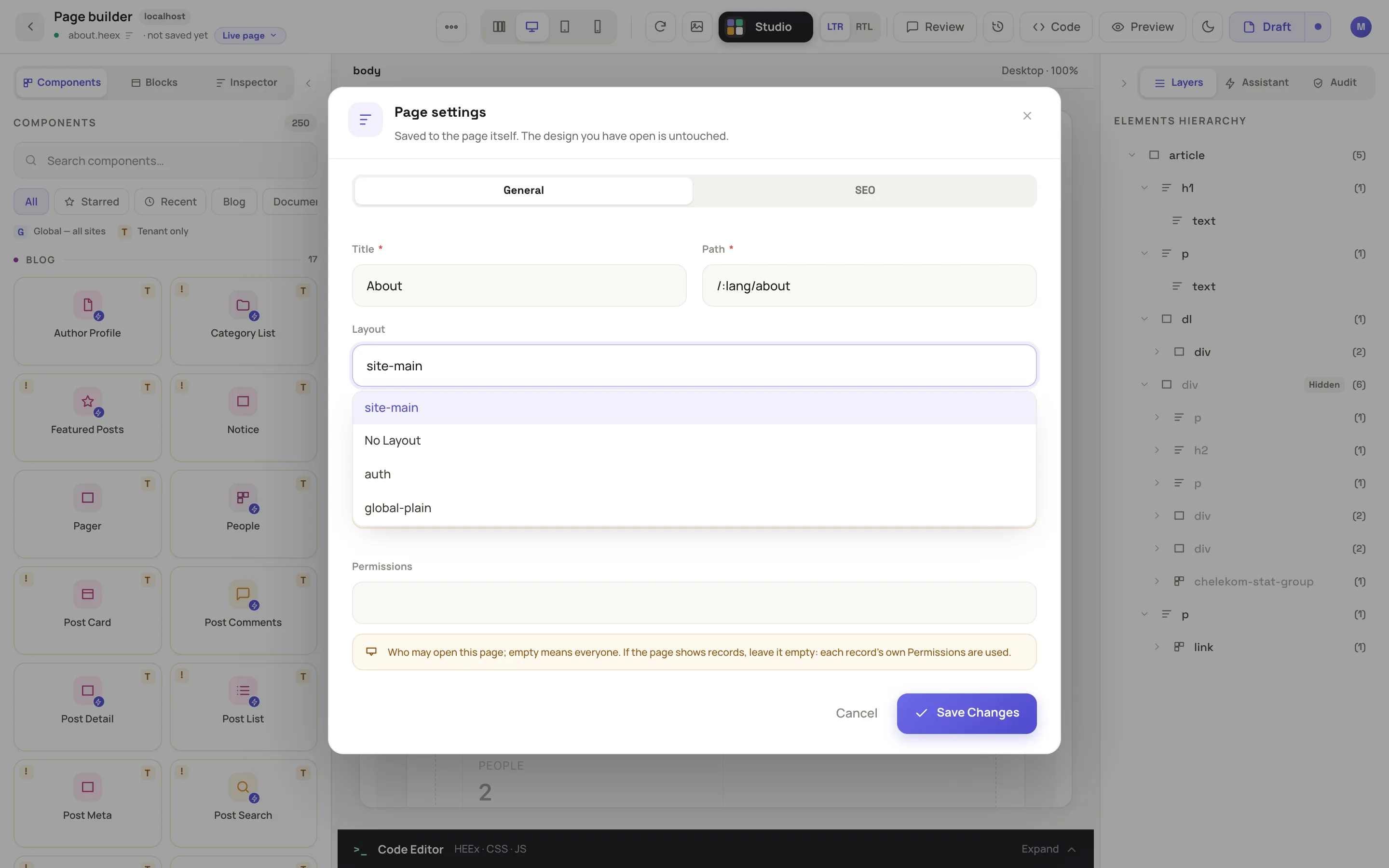 the Page settings window on the General tab with the Layout field open, listing site-main, No Layout, auth and a shared layout