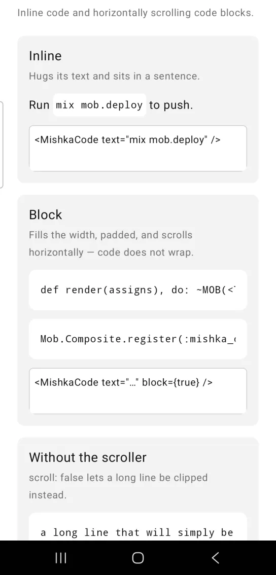 Card titled Inline, with the sentence Run mix mob.deploy to push, where mix mob.deploy sits in monospace inside a small white box, in the MishkaMob showcase app on Android