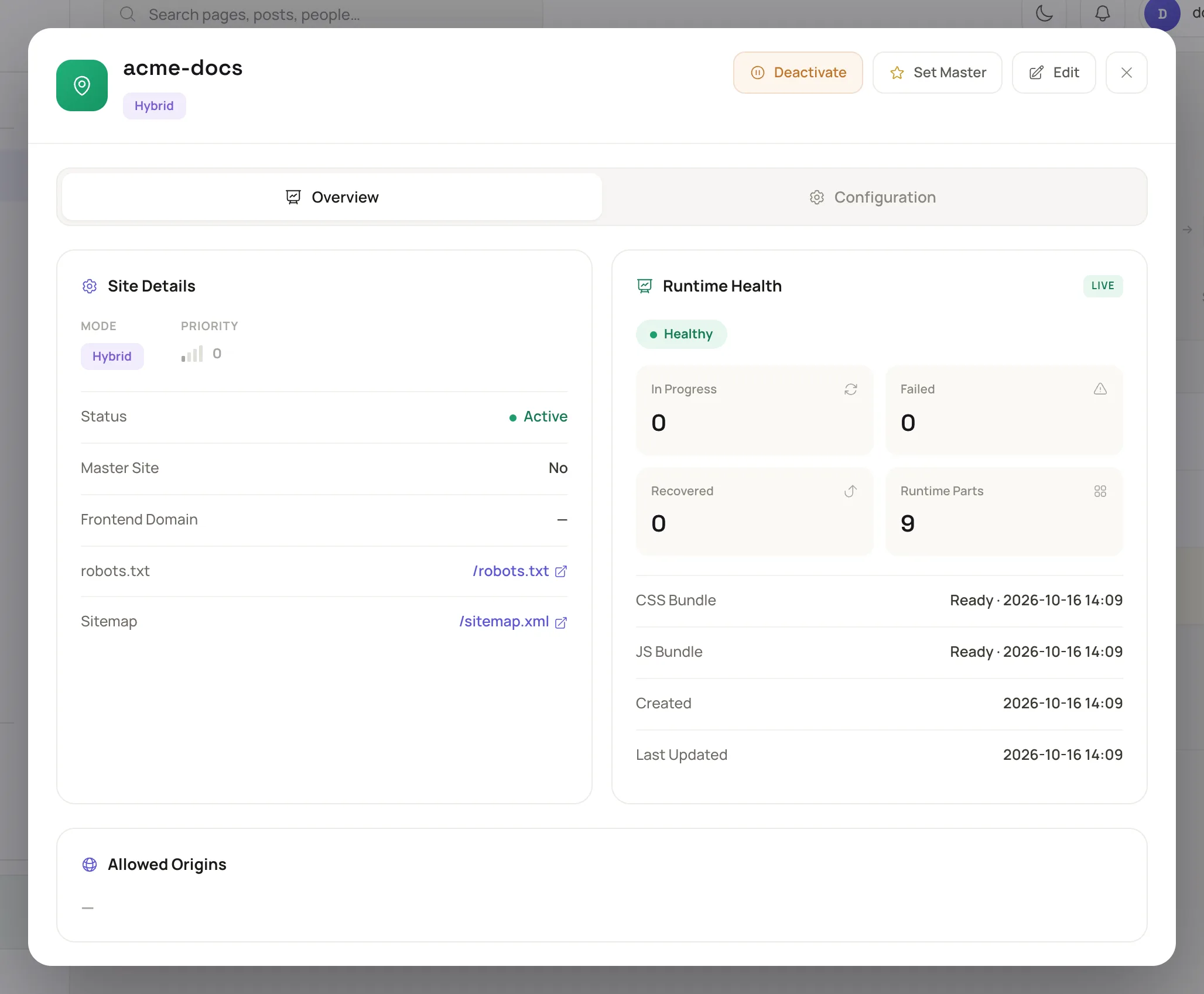 the View dialog on the Overview tab, with the Site Details card, the Healthy pill under Runtime Health and the Allowed Origins card