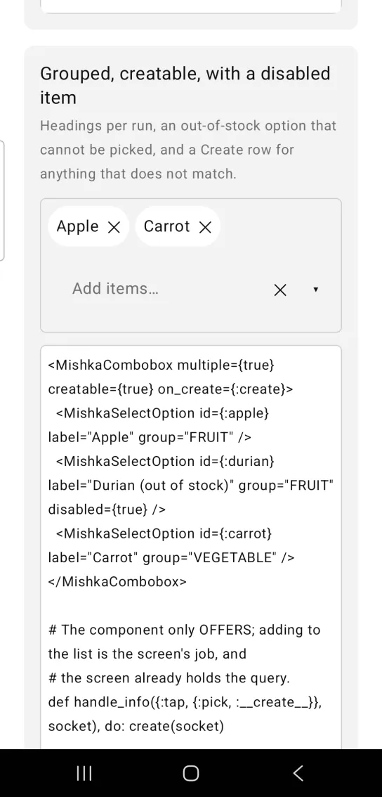 Card titled Grouped, creatable, with a disabled item, with a Combobox holding Apple and Carrot chips above the placeholder Add items, a clear X and a down arrow