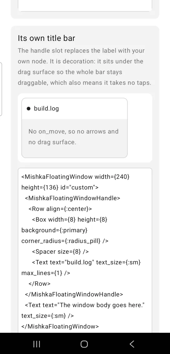 Floating window example card titled Its own title bar, with a window whose title bar shows a black dot and build.log, and the body text No on_move, so no arrows and no drag surface